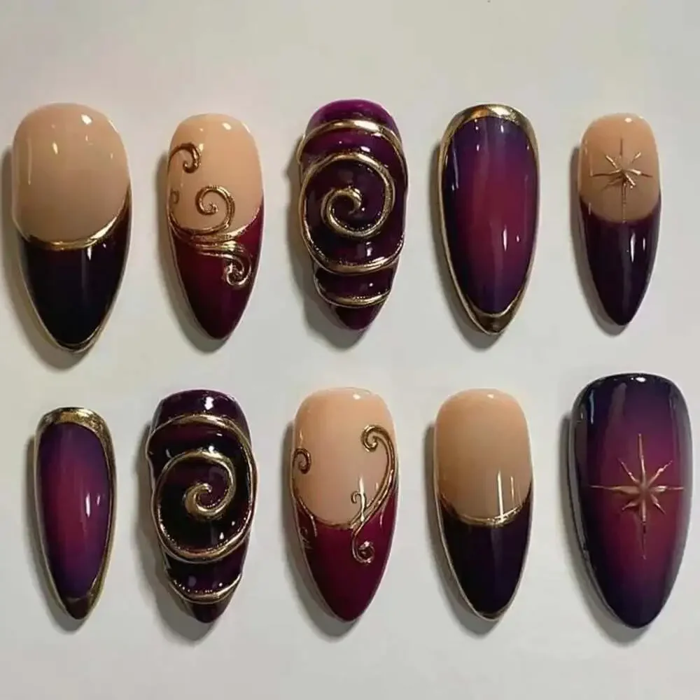 24Pcs Golden Lines Patterns False Nails Dark Purple Blush French Fake Nails for